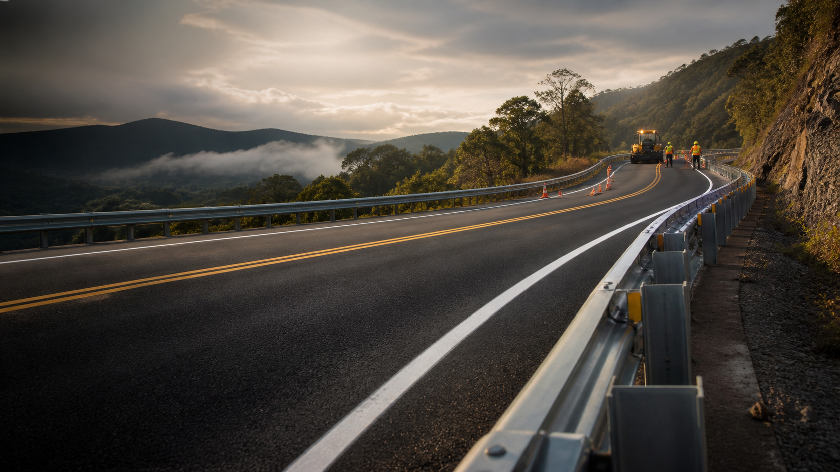 Carretera de montana con baranda Flex Beam y equipo vial en operacion